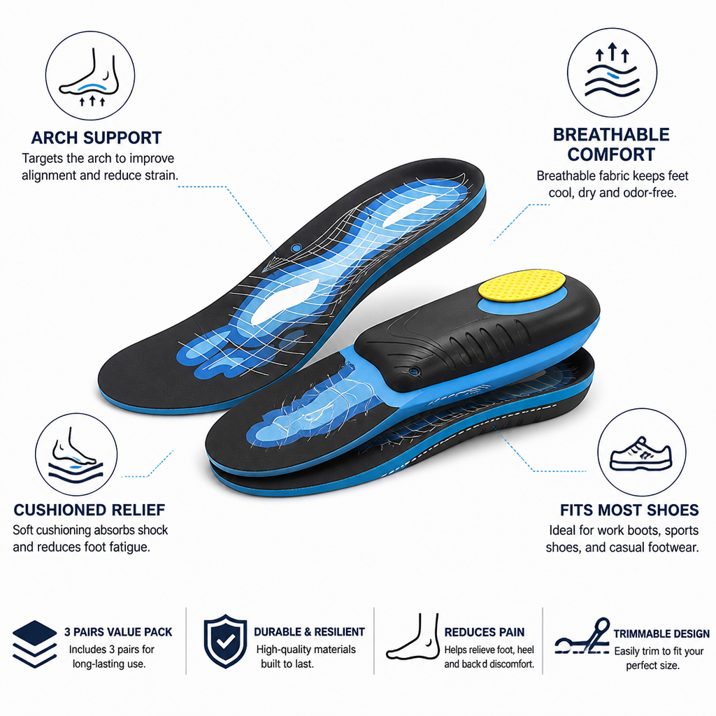 Arch Support Insoles Cushioned & Breathable 3 Pairs