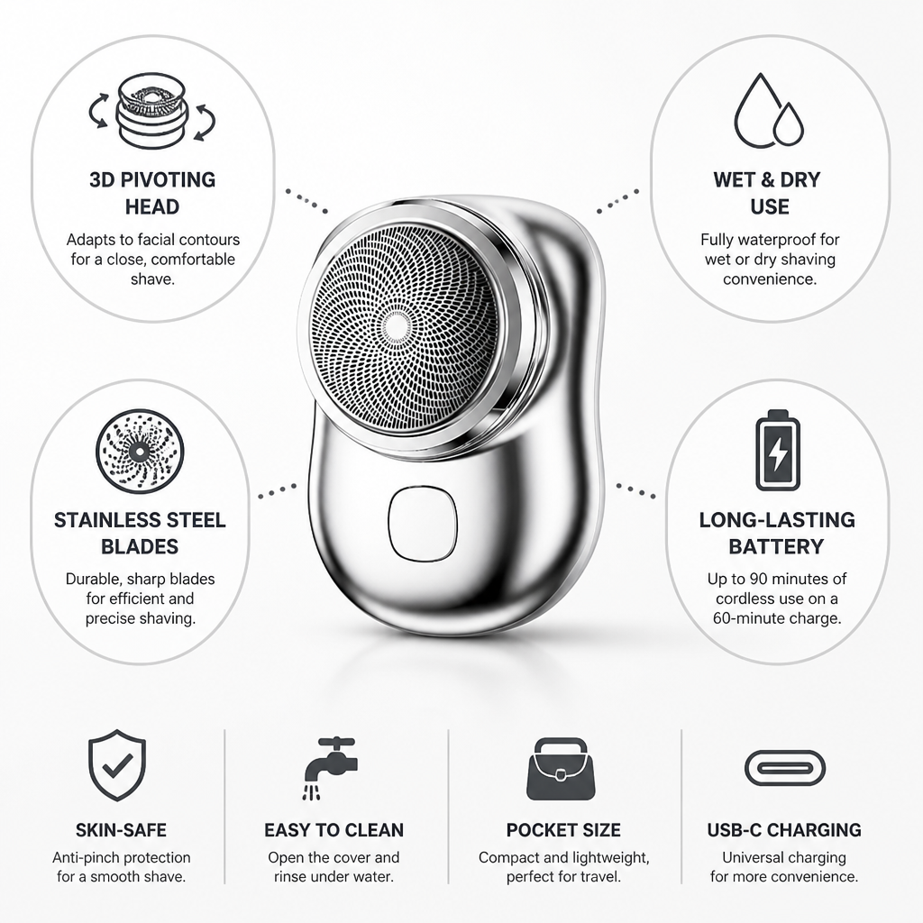 Electric Shaver 3D Pivoting Head Waterproof Stainless Steel Blades