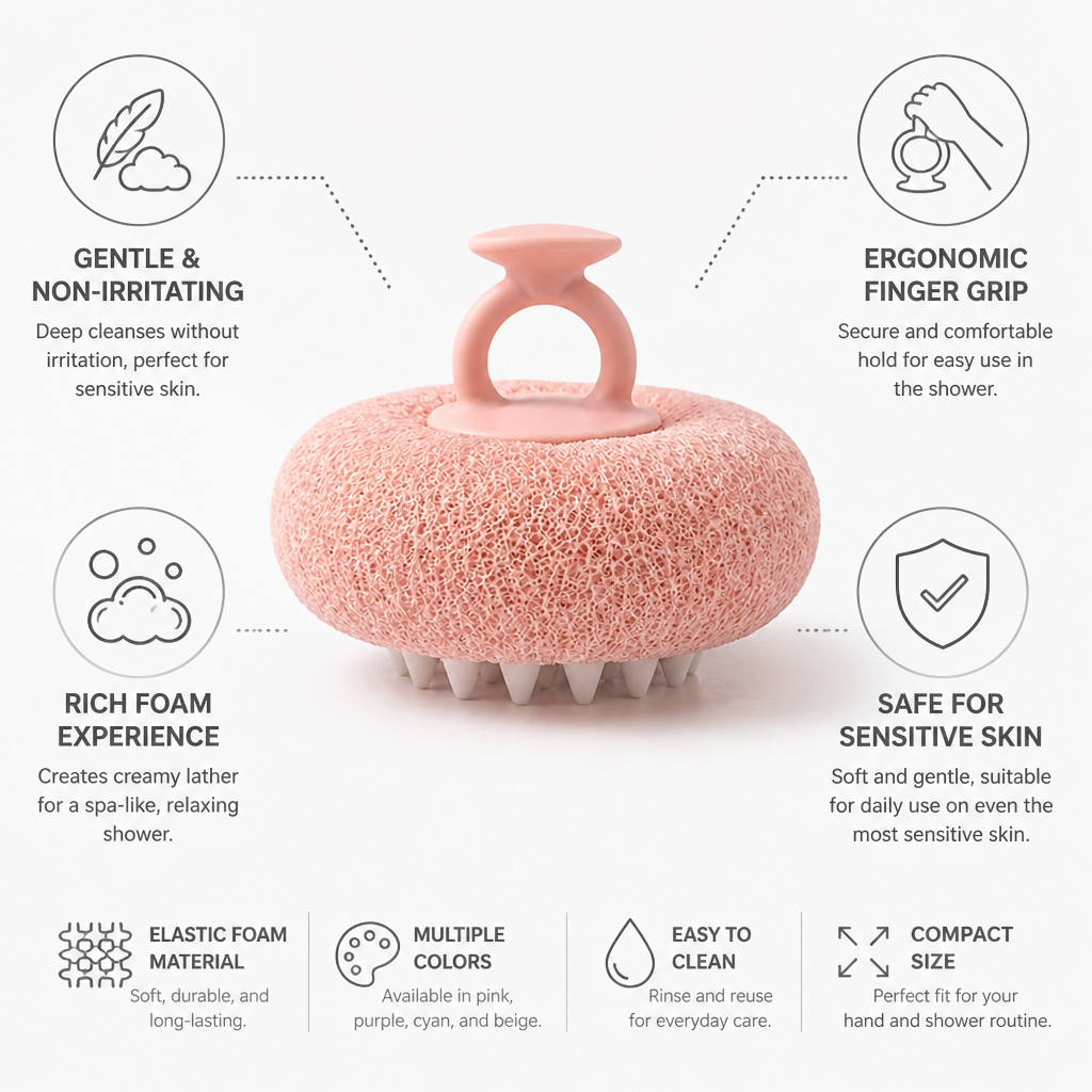 Exfoliating Shower Sponge Ergonomic Finger Grip Sensitive Skin