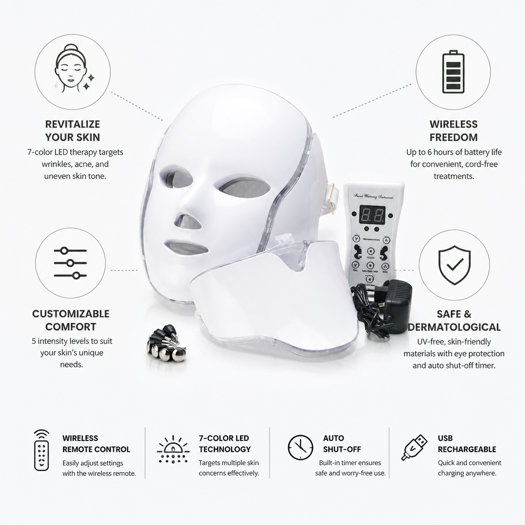 Facial LED Therapy Mask 7-Color Wireless Remote