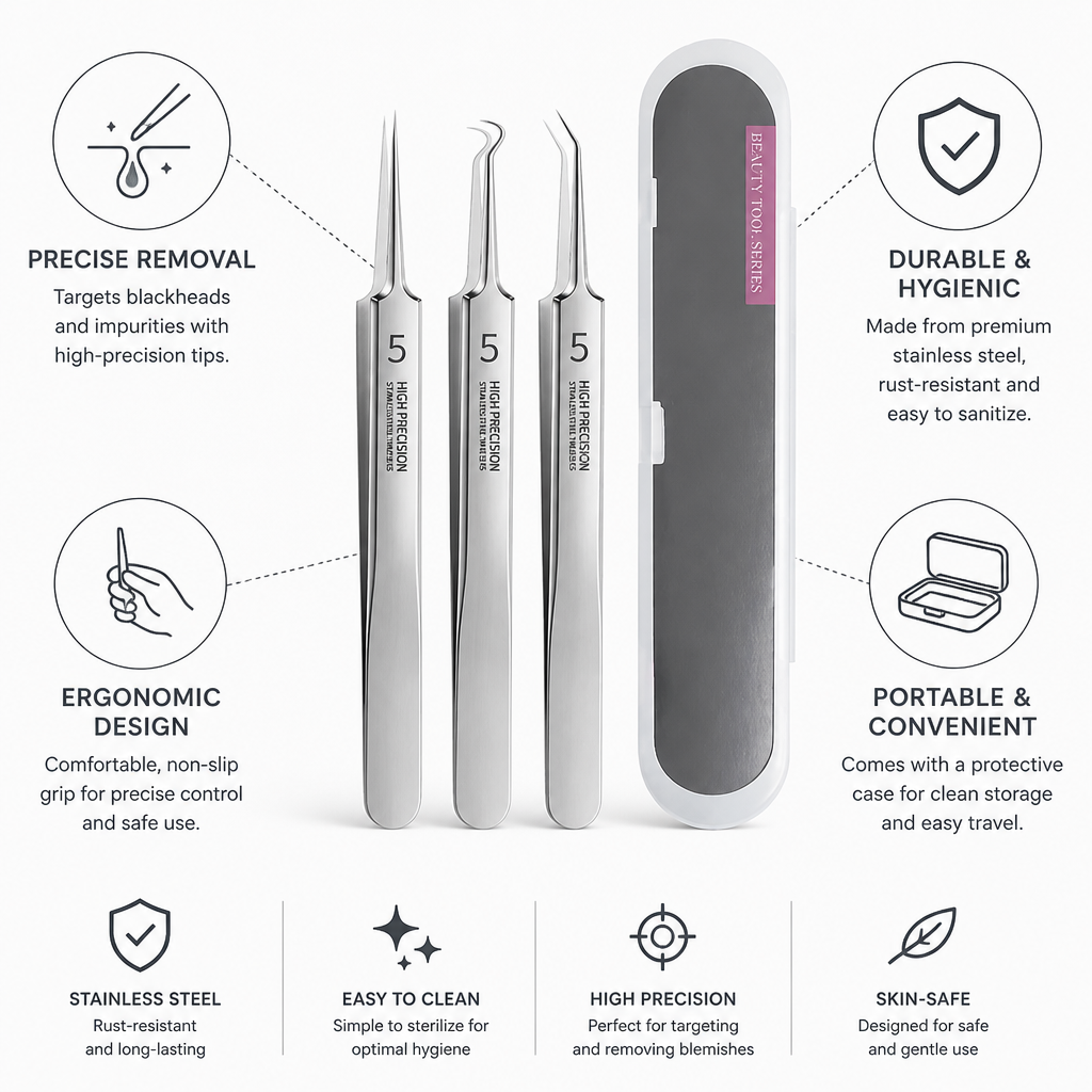 Facial Pore Tweezer Precision Tips Stainless Steel Ergonomic Grip