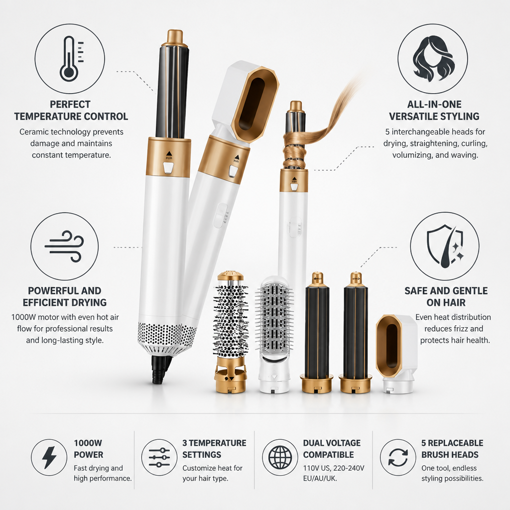 Hair Dryer Brush Five Interchangeable Heads & Ceramic Coating