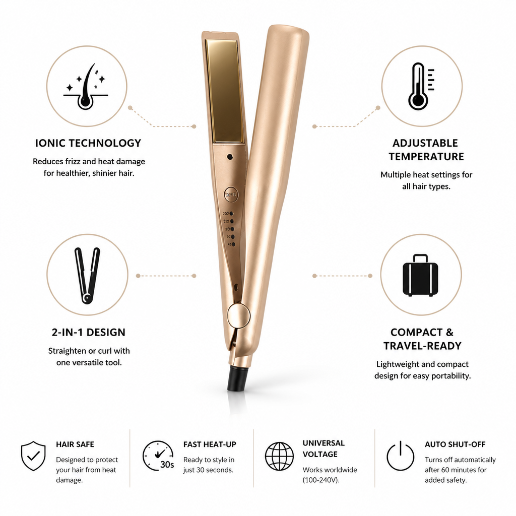 Hair Straightener & Curler Ionic Technology Compact Travel Design