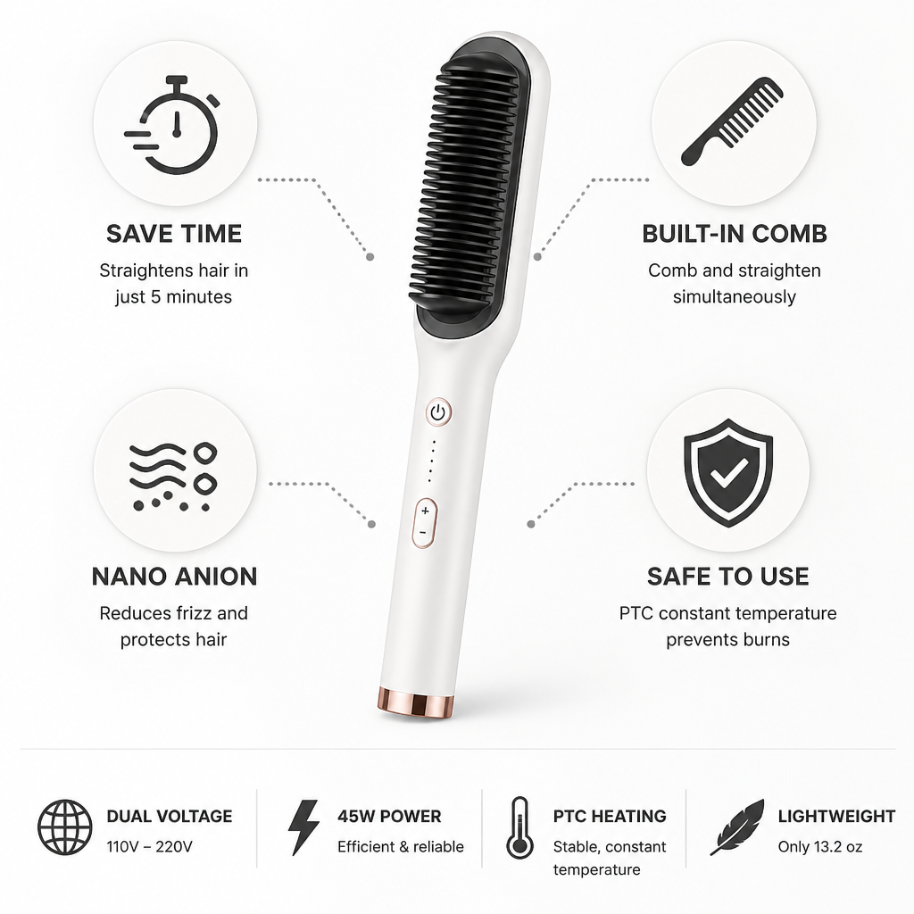 Hair Straightening Brush Built-In Comb Nano Anion