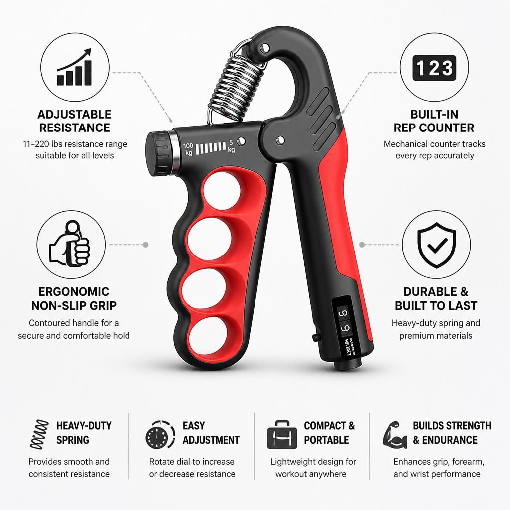 Hand Gripper Adjustable 11–220 Lbs Built-In Rep Counter