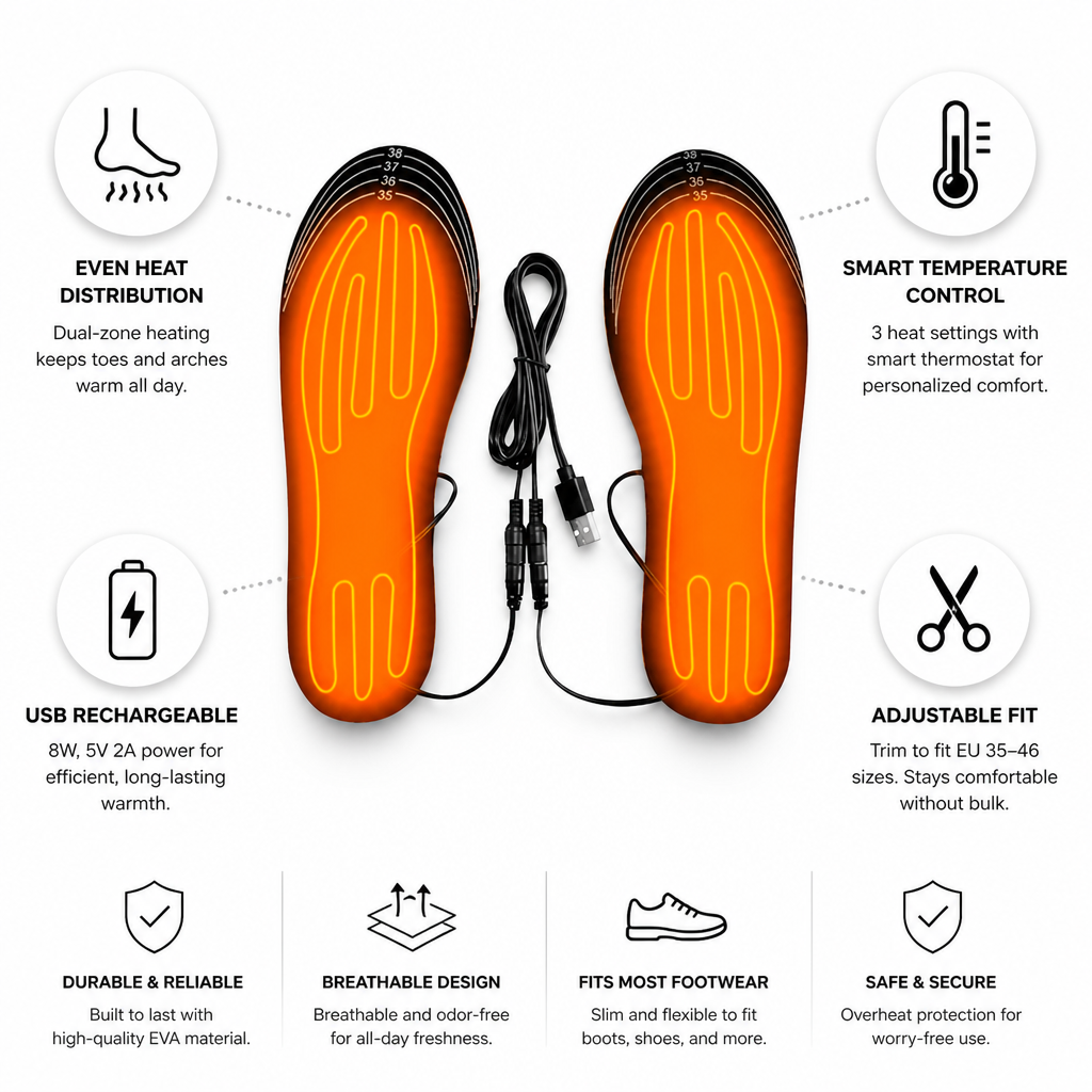 Heated Insoles USB Rechargeable Dual-Zone Heating