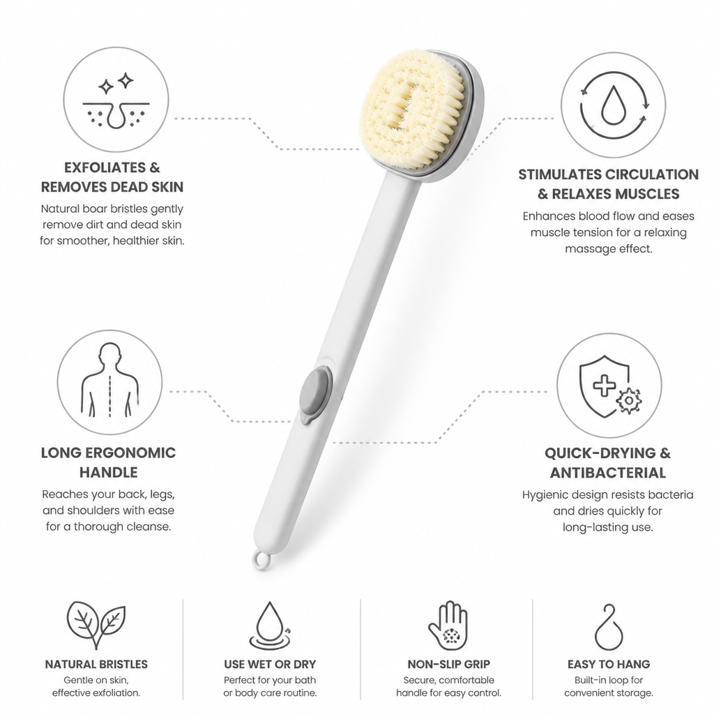 Massage Bath Brush Long Ergonomic Handle & Natural Boar Bristles