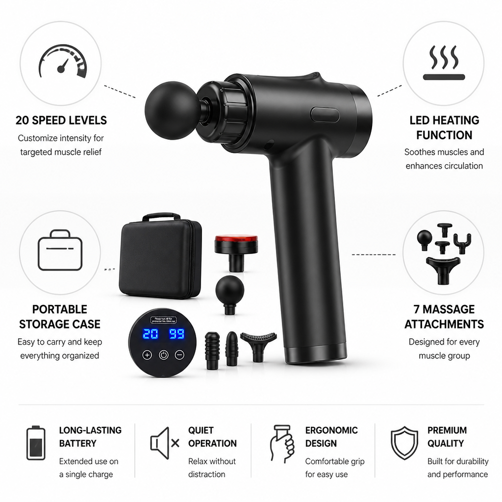 Massage Gun Deep Tissue LED Heating 7 Attachments
