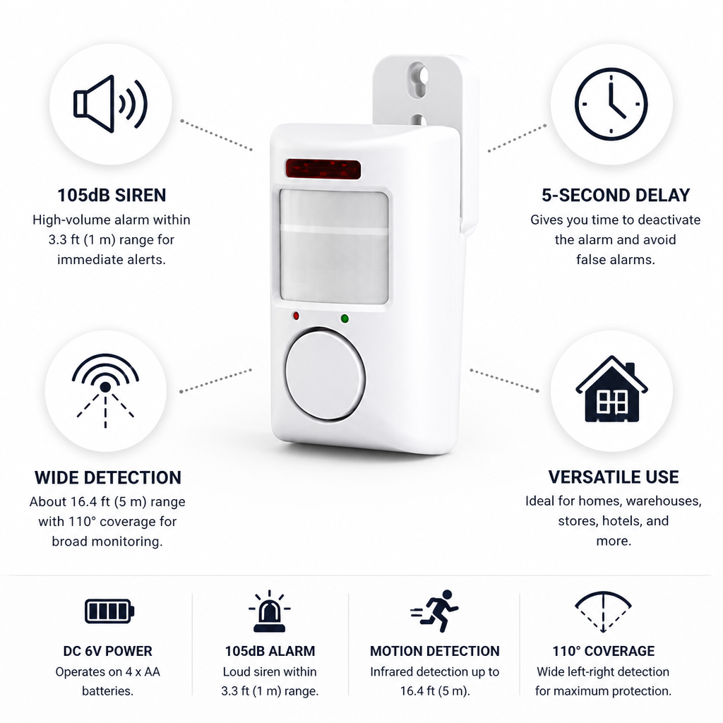 Motion Sensor Alarm 5m Infrared Detection 105dB Siren