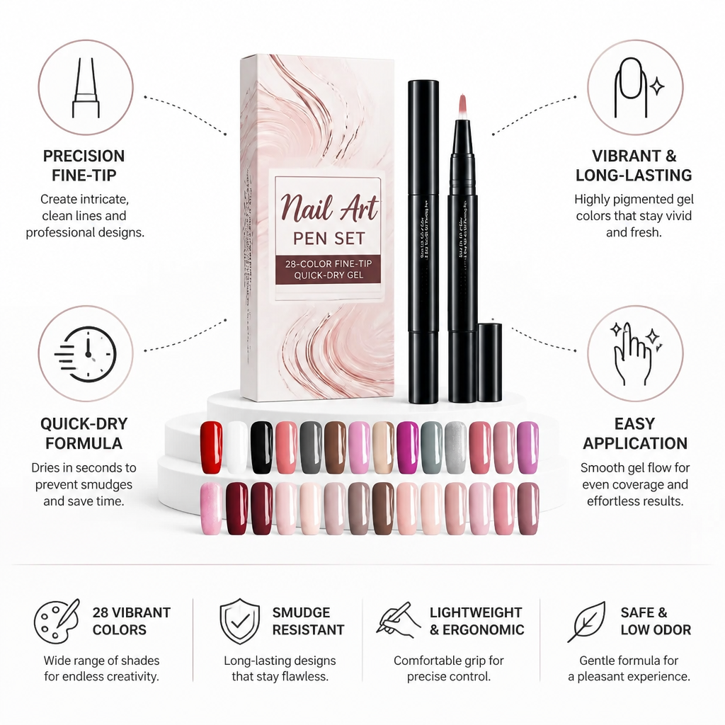 Nail Art Pen Set 28-Color Fine-Tip Quick-Dry Gel