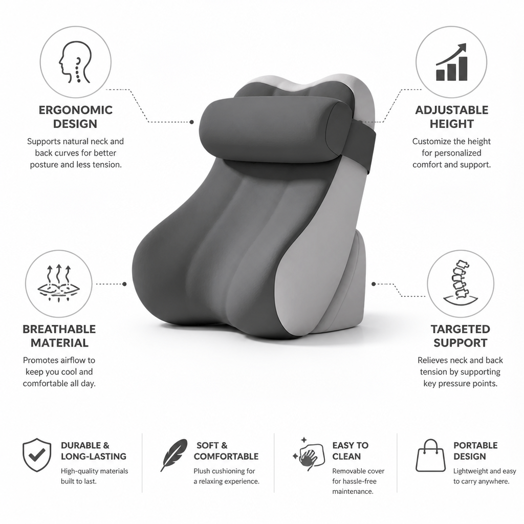 Neck & Back Pillow Ergonomic Adjustable Height Breathable