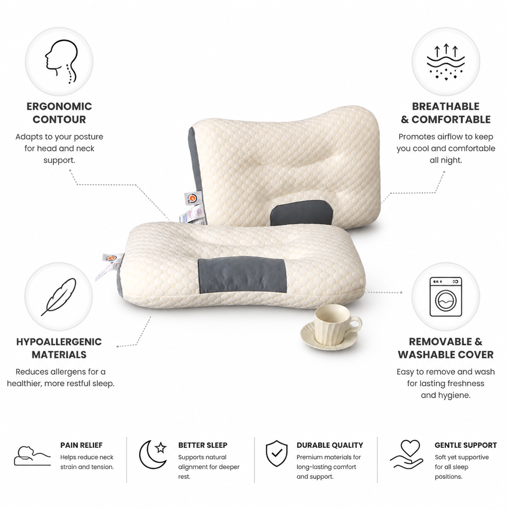 Neck Pillow Ergonomic Contoured Breathable & Hypoallergenic Washable Cover