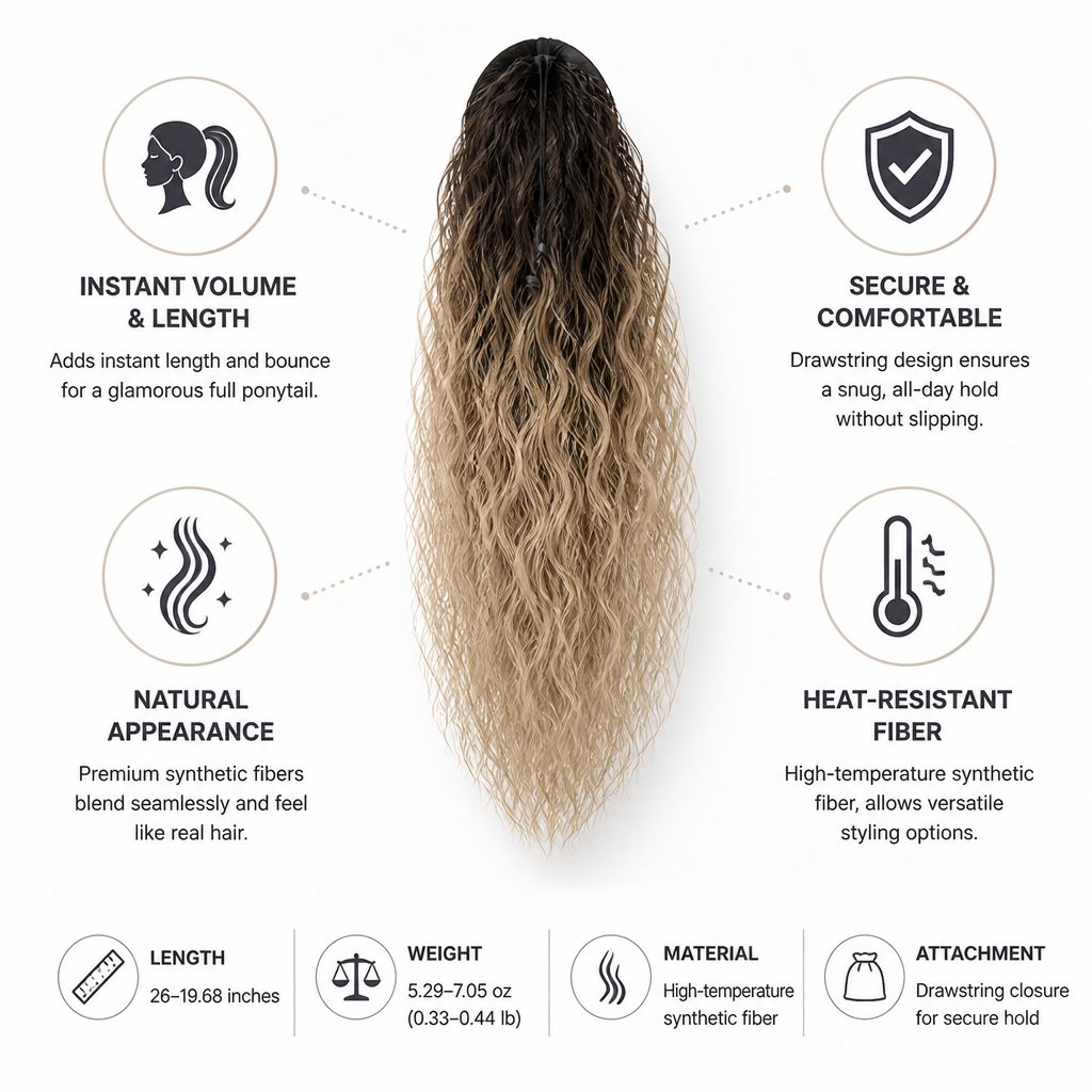 Ponytail Extension Voluminous Drawstring Secure Hold High-Temperature Synthetic