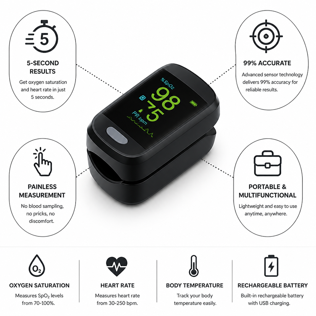 Pulse Oximeter 5-Second Oxygen Saturation & Heart Rate