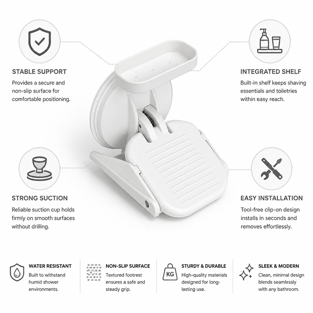 Shower Footrest Suction Mount Non-Slip Integrated Shelf