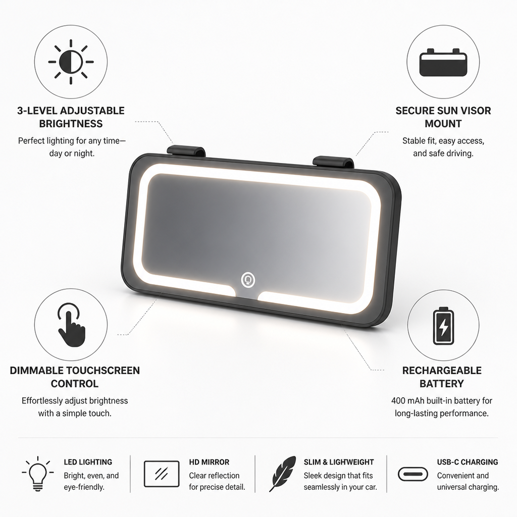 Sun Visor Mirror Dimmable Touchscreen LED Clip-On