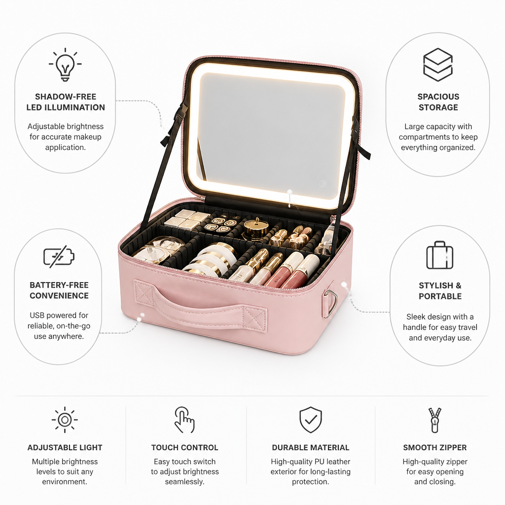 Travel Makeup Bag Battery-Free LED Mirror Large Capacity