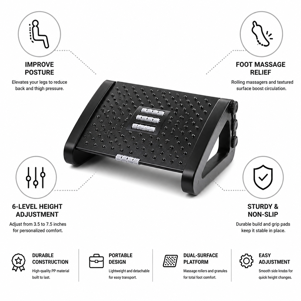 Adjustable Height Dual-Surface Non-Slip Foot Rest (6 Positions)