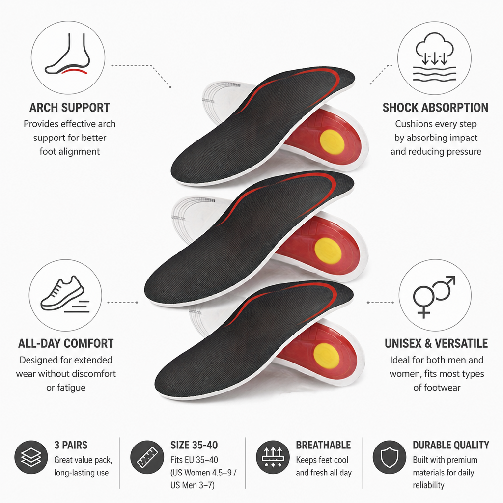Arch Support Insoles Cushioned & Shock-Absorbing 3 Pairs