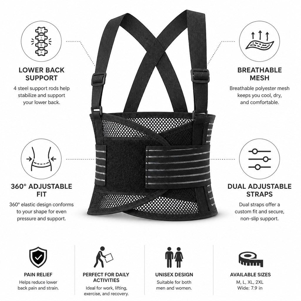 Back Support Belt Breathable Mesh & Steel Rods