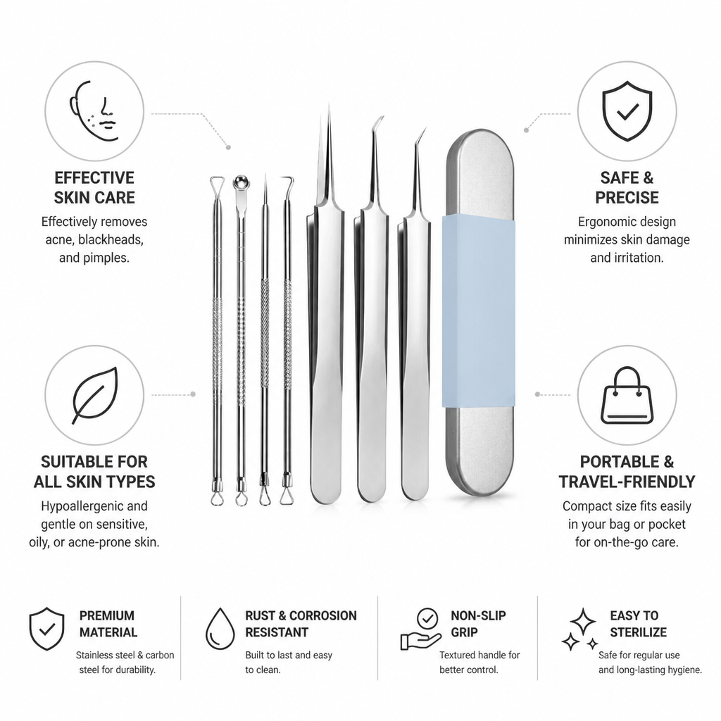 Blackhead Removal Tool 3-in-1 Stainless Steel Ergonomic Grip
