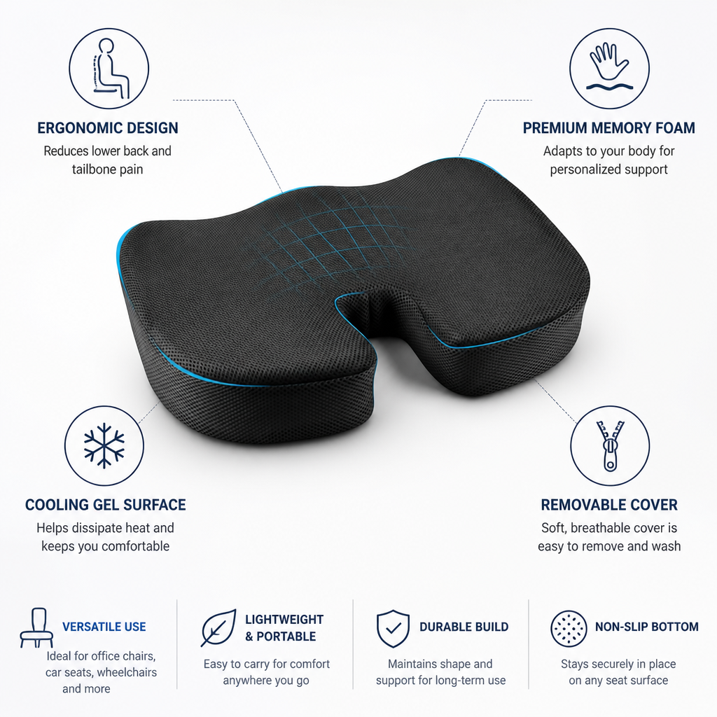 Contoured Memory Foam & Cooling Gel Seat Cushion