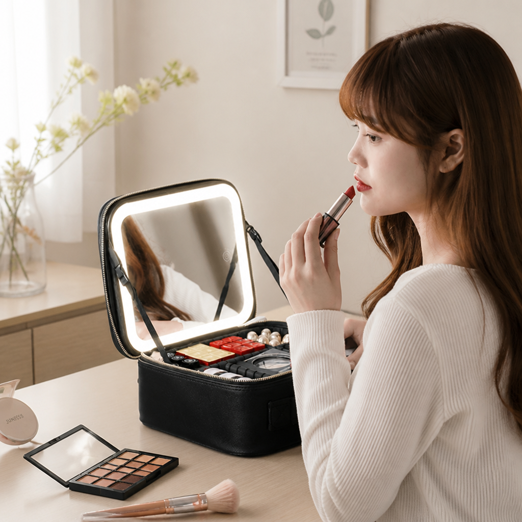 Cosmetic Bag Built-In LED Mirror Spacious Compartments