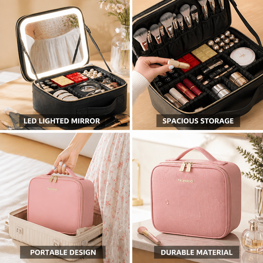 Cosmetic Bag Built-In LED Mirror Spacious Compartments