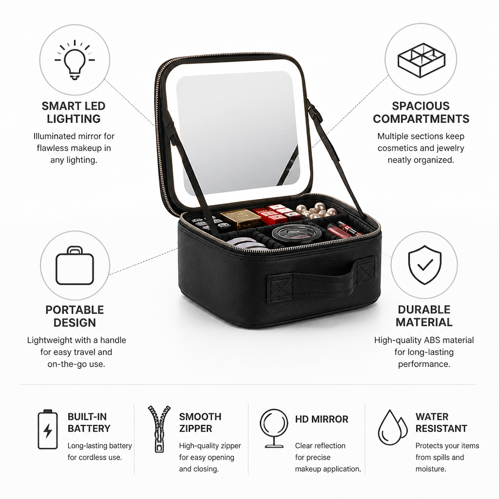 Cosmetic Bag Built-In LED Mirror Spacious Compartments