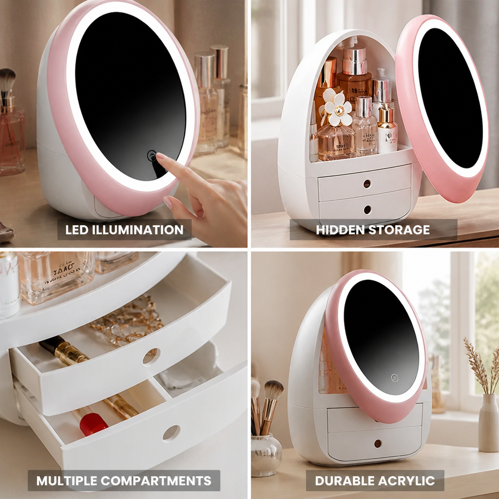 Cosmetic Mirror Organizer LED Hidden Storage Acrylic