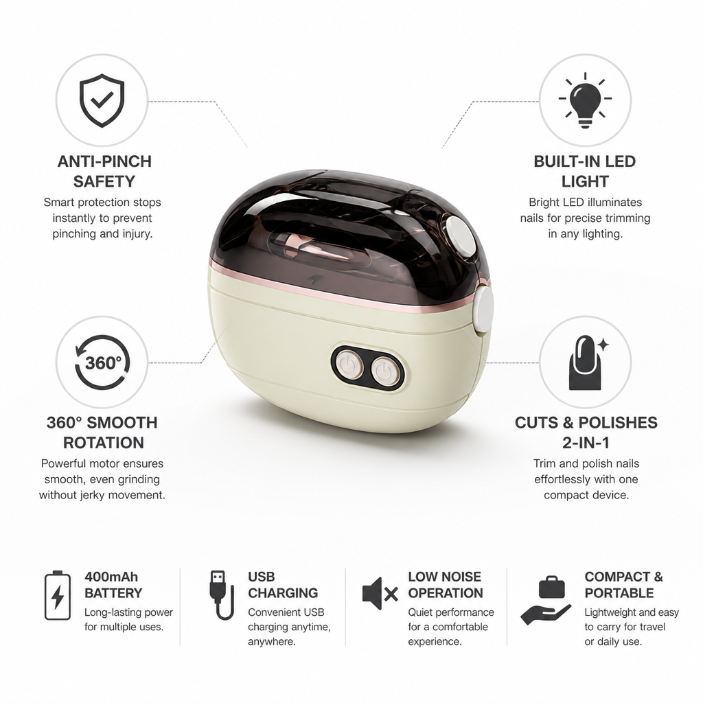 Electric Nail Clipper 2-in-1 Cutter & Grinder Anti-Pinch LED