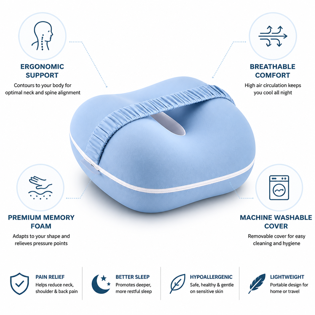 Ergonomic Pillow Contour Neck Support Breathable Machine Washable Cover