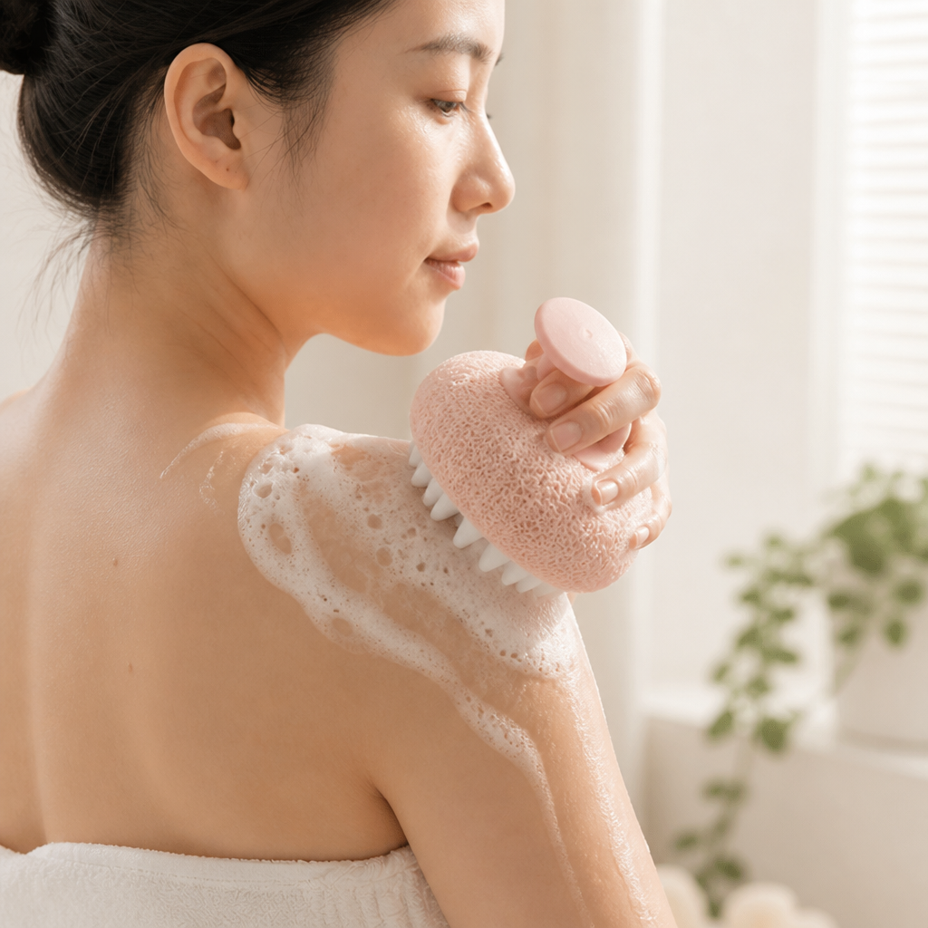 Exfoliating Shower Sponge Ergonomic Finger Grip Sensitive Skin