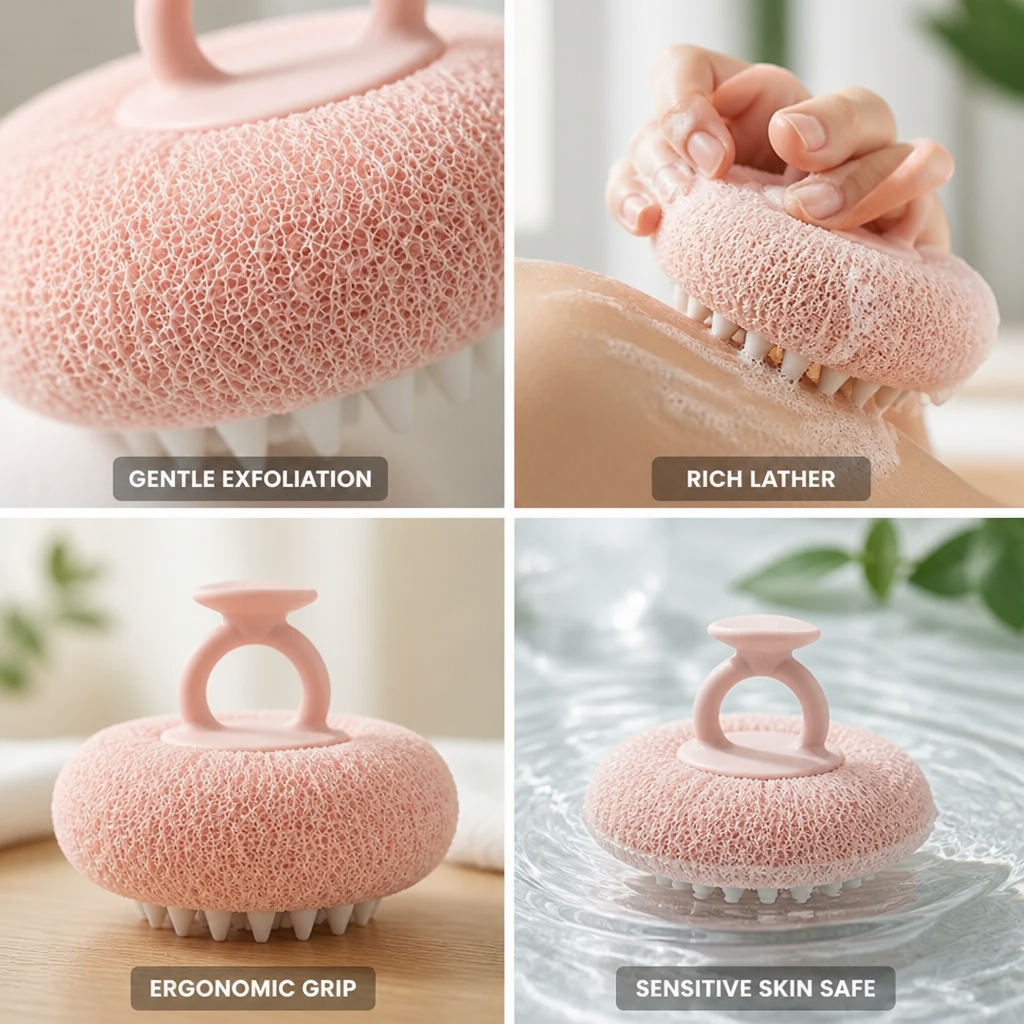 Exfoliating Shower Sponge Ergonomic Finger Grip Sensitive Skin
