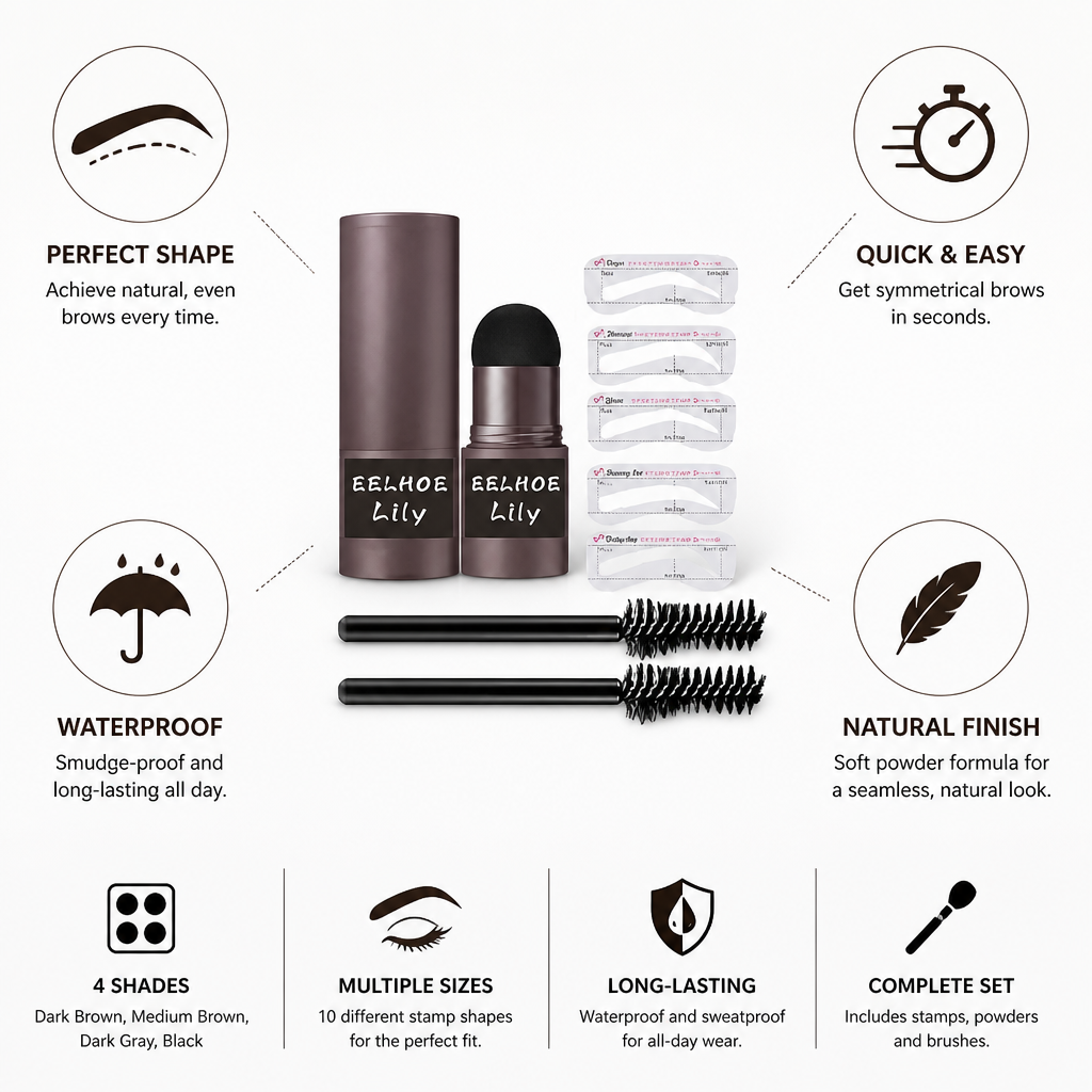 Eyebrow Stamp Kit Multiple Stamp Sizes Waterproof Powders & Brush