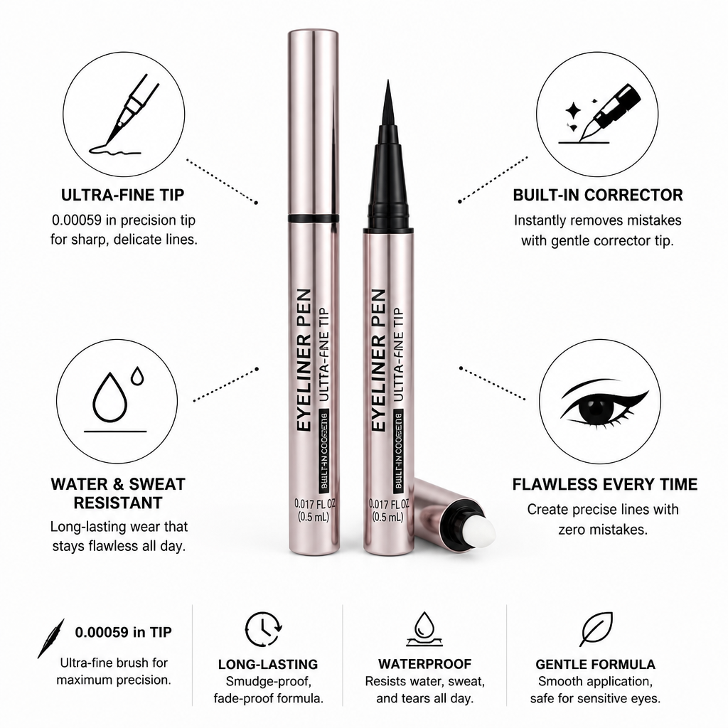 Eyeliner Pen Ultra-Fine Tip Built-In Corrector Sweat & Water Resistant