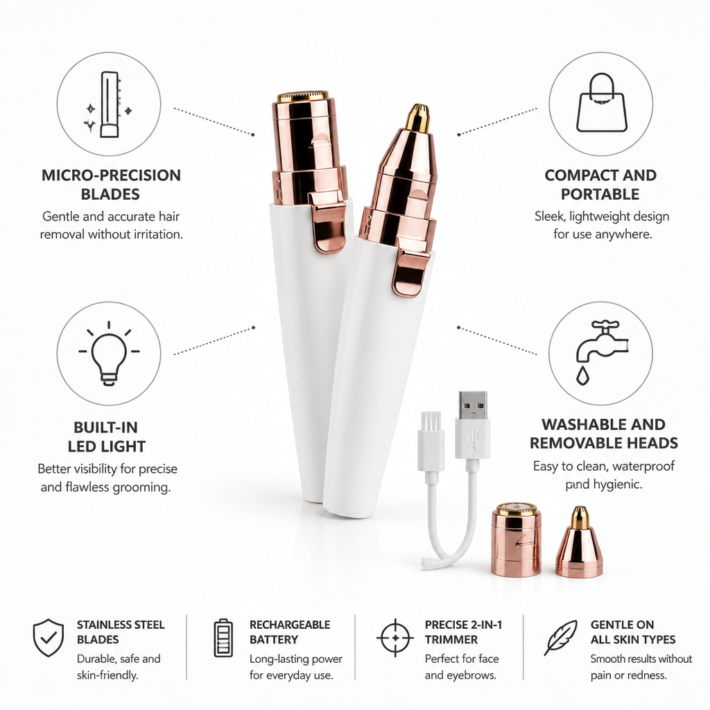 Face & Eyebrow Trimmer Micro-Precision Stainless-Steel LED Light