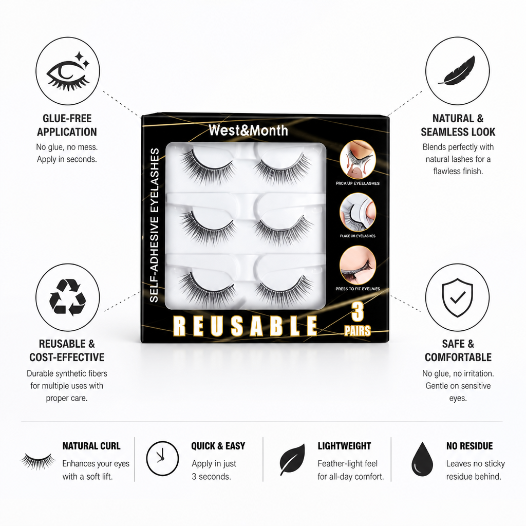 False Eyelashes Glue-Free Self-Adhesive Reusable 3 Pairs