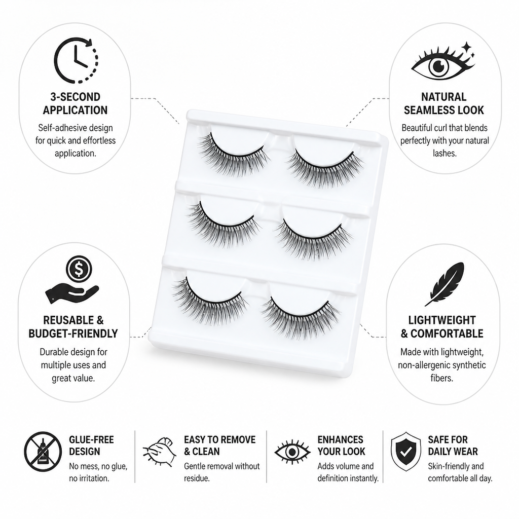 False Eyelashes Self-Adhesive Reusable Synthetic Fibers 3 Pairs