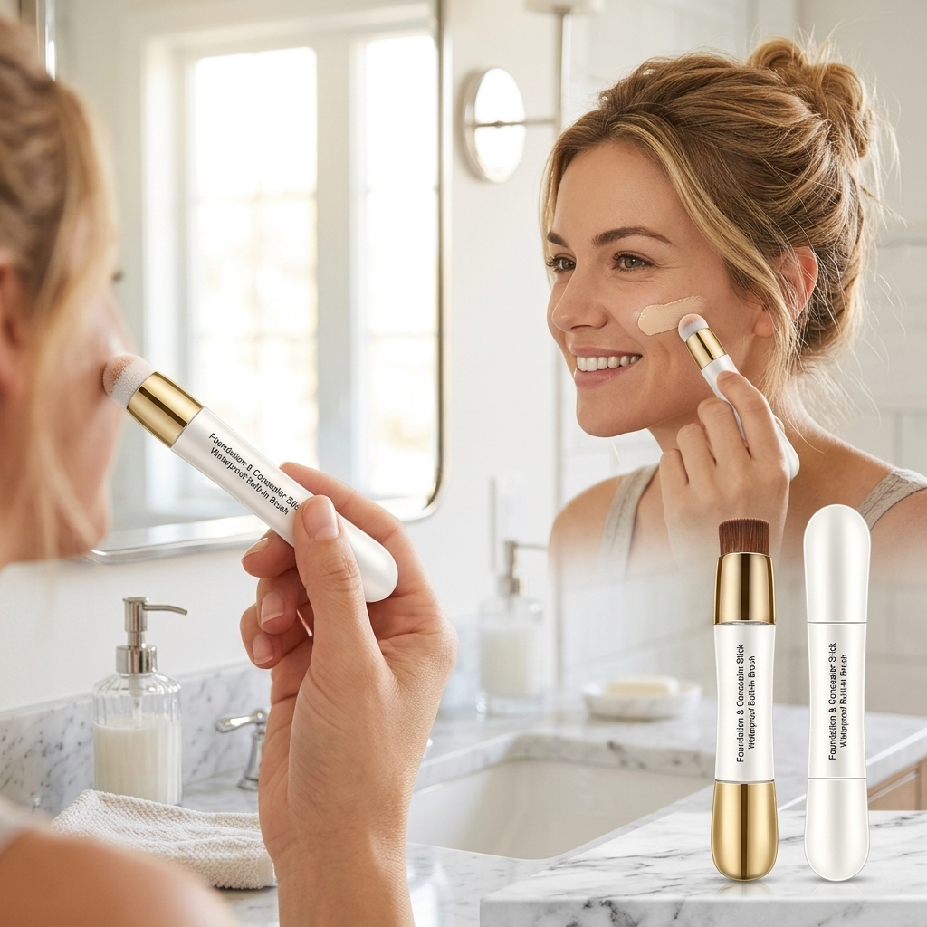 Foundation & Concealer Stick Waterproof Built-In Brush