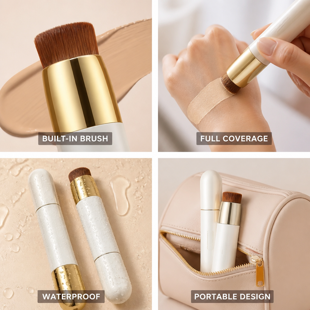 Foundation & Concealer Stick Waterproof Built-In Brush