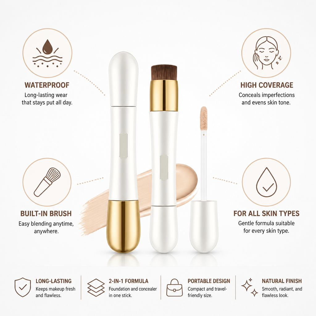 Foundation & Concealer Stick Waterproof Built-In Brush