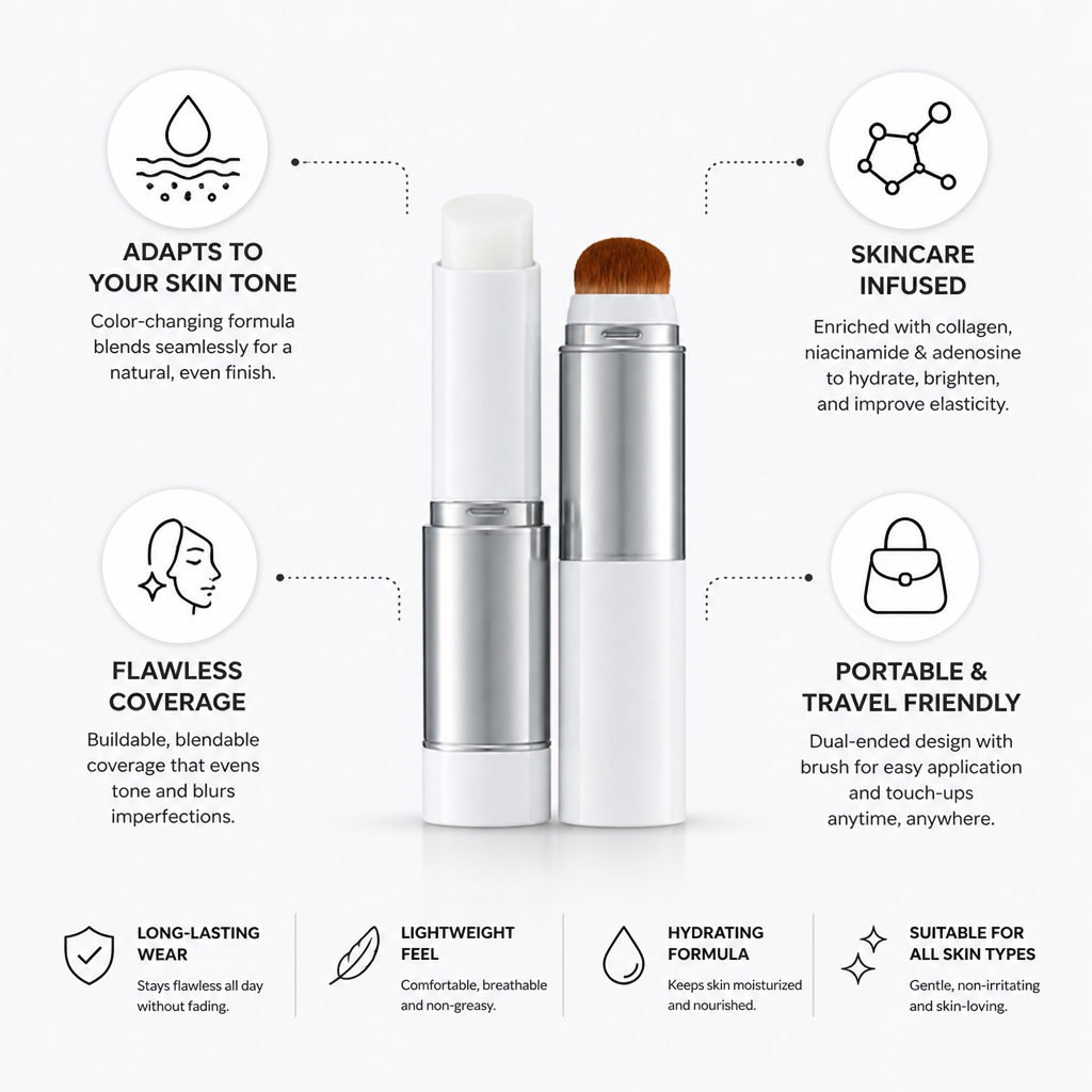Foundation Stick Shade-Adapting Skincare-Infused Dual-Ended Brush