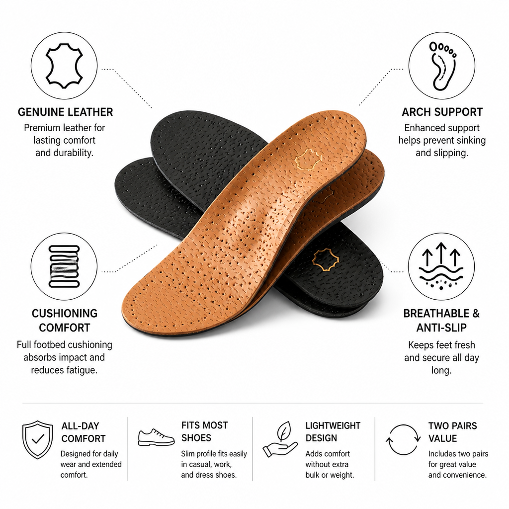 Full Foot Insoles Leather Arch Support Two Pairs