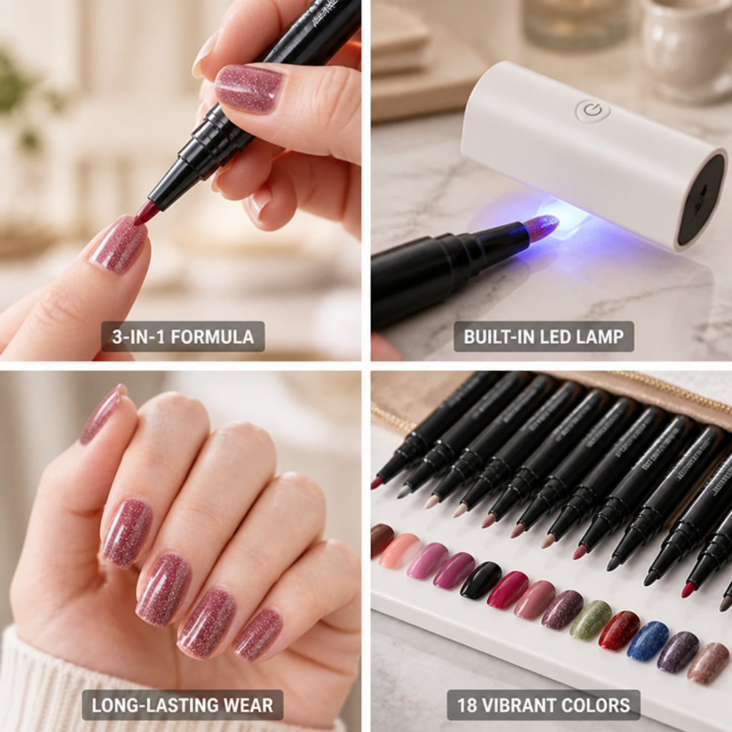 Gel Nail Pen Kit 3-In-1 Fine-Tip Handheld LED Lamp
