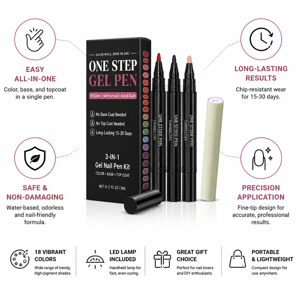 Gel Nail Pen Kit 3-In-1 Fine-Tip Handheld LED Lamp