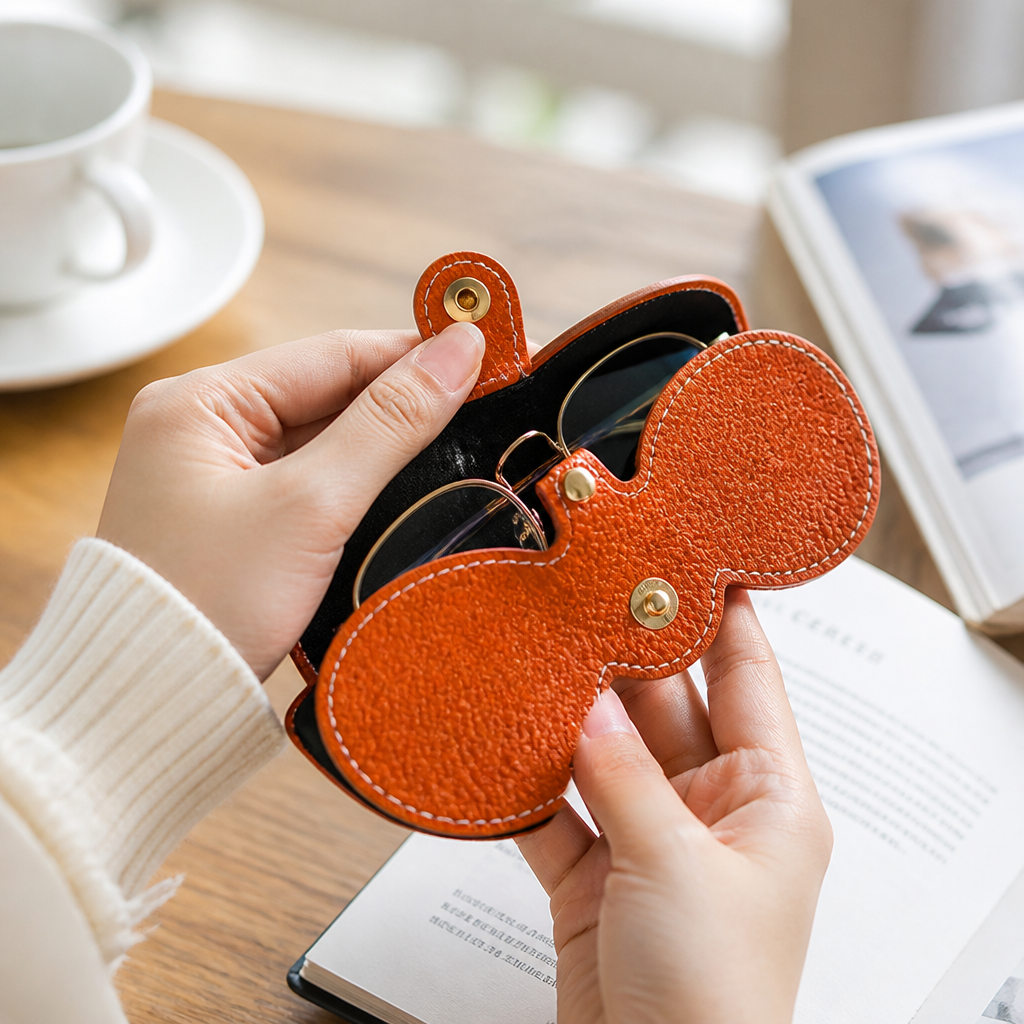Glasses Case PU Leather & Plush Interior Snap Closure