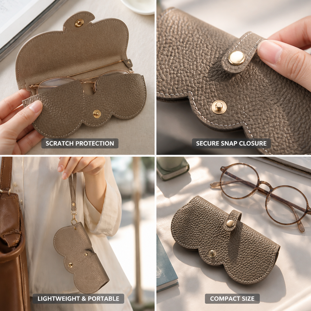 Glasses Case PU Leather & Plush Interior Snap Closure