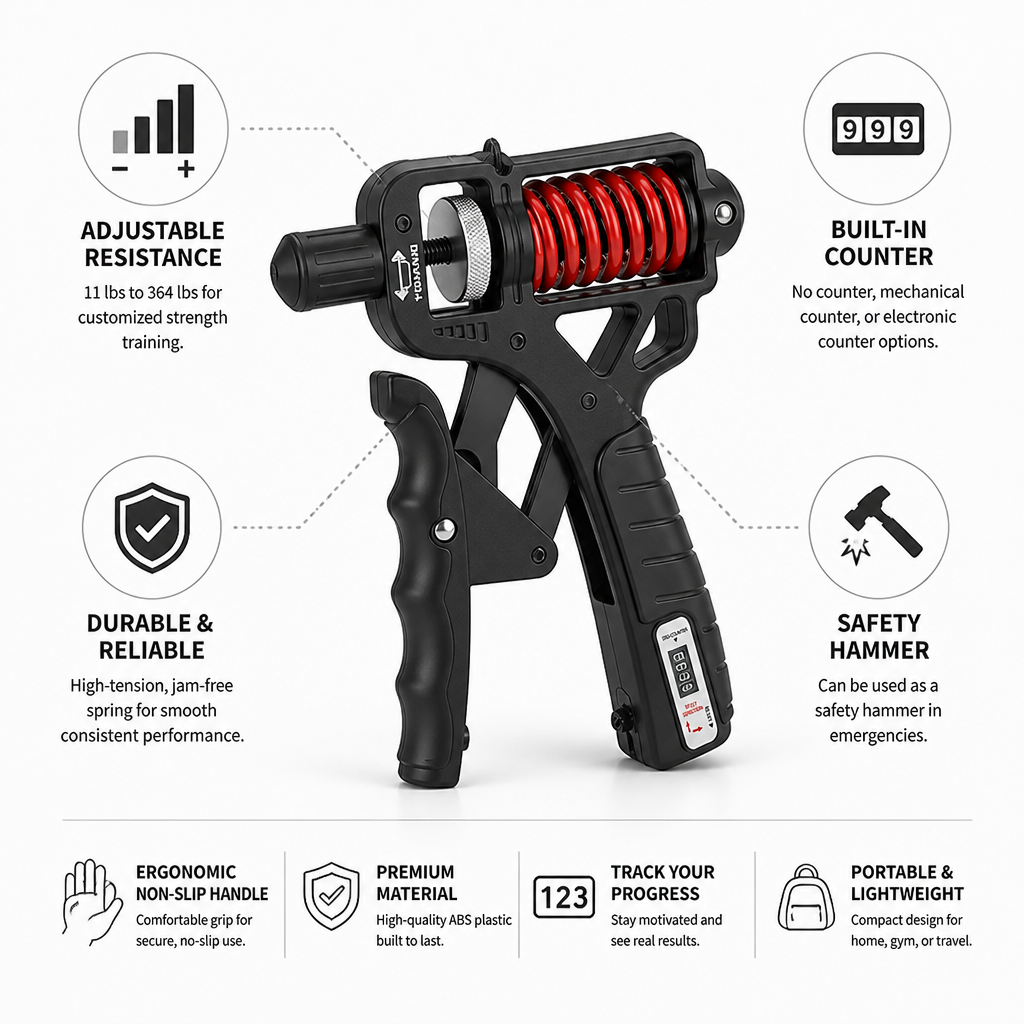 Grip Strengthener Adjustable 11–364 Lbs Non-Slip Handle & Counter