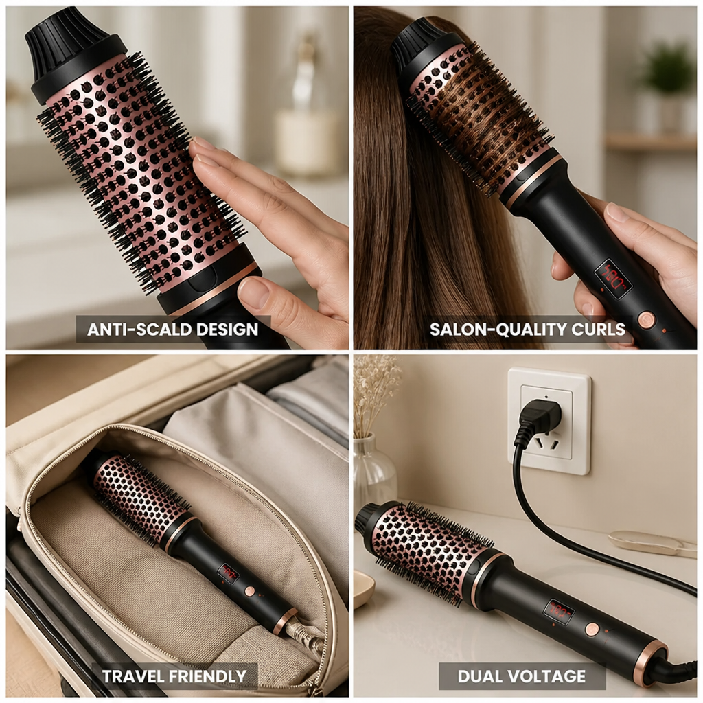 Hair Curling Brush Rotating Hot Air Anti-Scald Dual Voltage